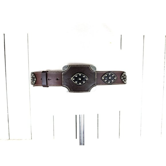 Vintage brown black silver studded leather large western buckle belt main image 7